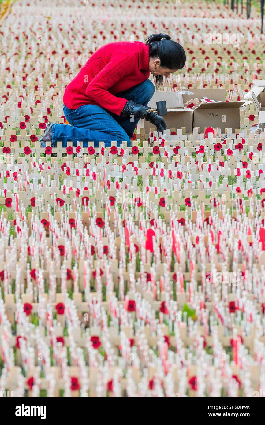 London, Großbritannien. November 2021. Kreuze mit Mohnblumen werden von Freiwilligen (aus der Poppy Factory, der RBL und Unternehmen in london) mit Erinnerungsbotschaften von Einzelpersonen gelegt - das Erinnerungsfeld wird vor der Westminster Abbey vorbereitet. Kredit: Guy Bell/Alamy Live Nachrichten Stockfoto
