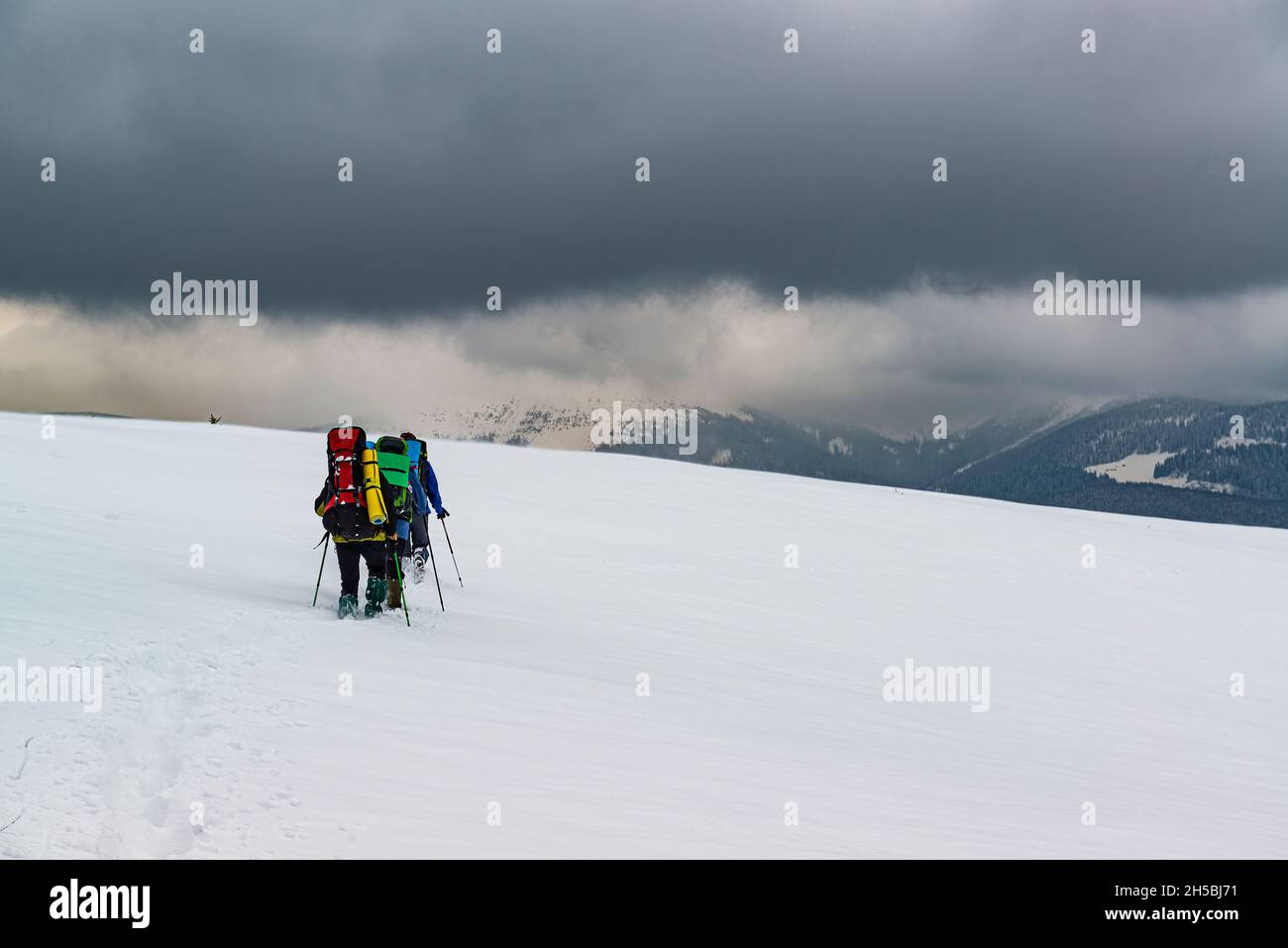 Eine Gruppe von Wanderern erkundet die Schneewüste hoch in den Bergen. Extreme Outdoor-Aktivitäten im Winter Stockfoto