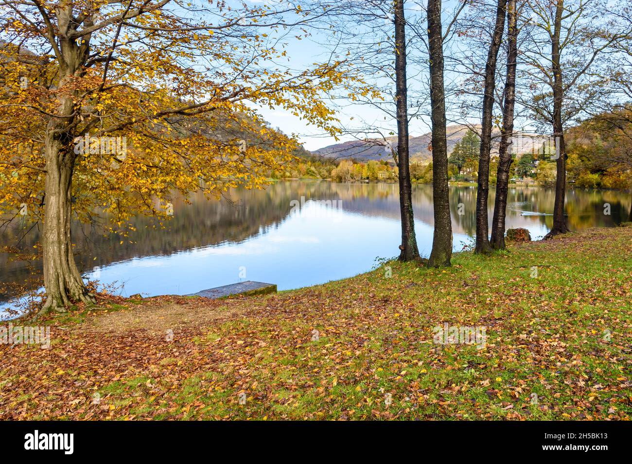 Herbstpark mit bunten Bäumen am Ufer des Ghirla-Sees, Valganna, Provinz Varese, Italien Stockfoto