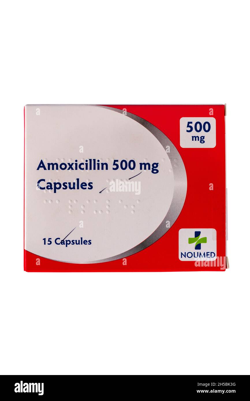 Packung Amoxicillin Kapseln 500 mg Noumed Antibiotika zur Behandlung einer Reihe von bakteriellen Infektionen - Antibiotika-Kapseln, Antibiotika-Pillen Stockfoto