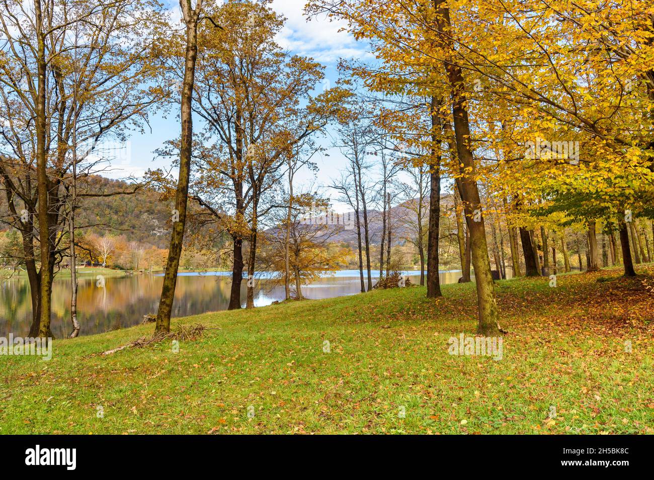 Herbstpark mit bunten Bäumen am Ufer des Ghirla-Sees, Valganna, Provinz Varese, Italien Stockfoto