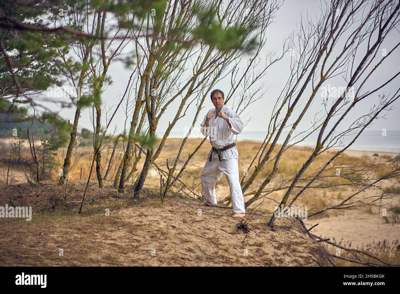 Karate Mann in einem alten Kimono und schwarzen Gürtel Training im Pinienwald. Konzept der Kampfkunst. Meer im Hintergrund. Stockfoto