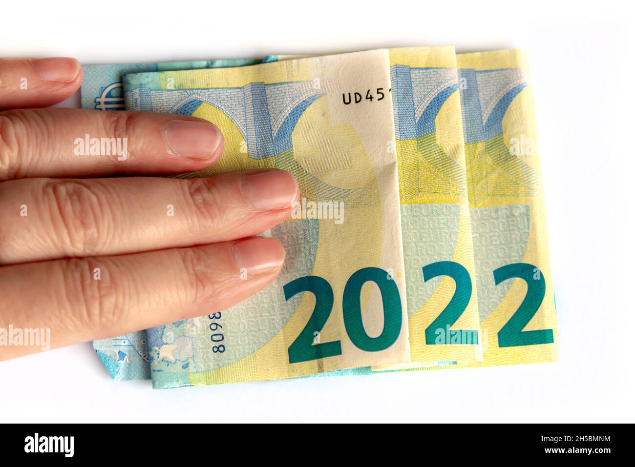 2022 geschrieben mit Euro Banknoten in einer Hand isoliert auf weißem Hintergrund, Neujahrs Grüße Geld Konzept Stockfoto