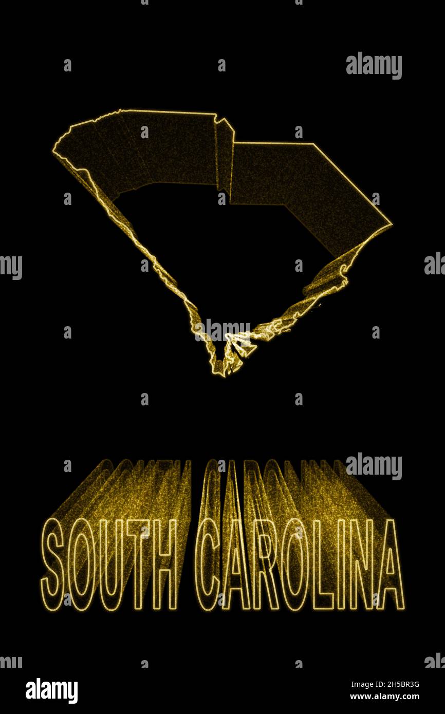 Karte von South Carolina, Goldkarte auf schwarzem Hintergrund, Goldeffekt Stockfoto