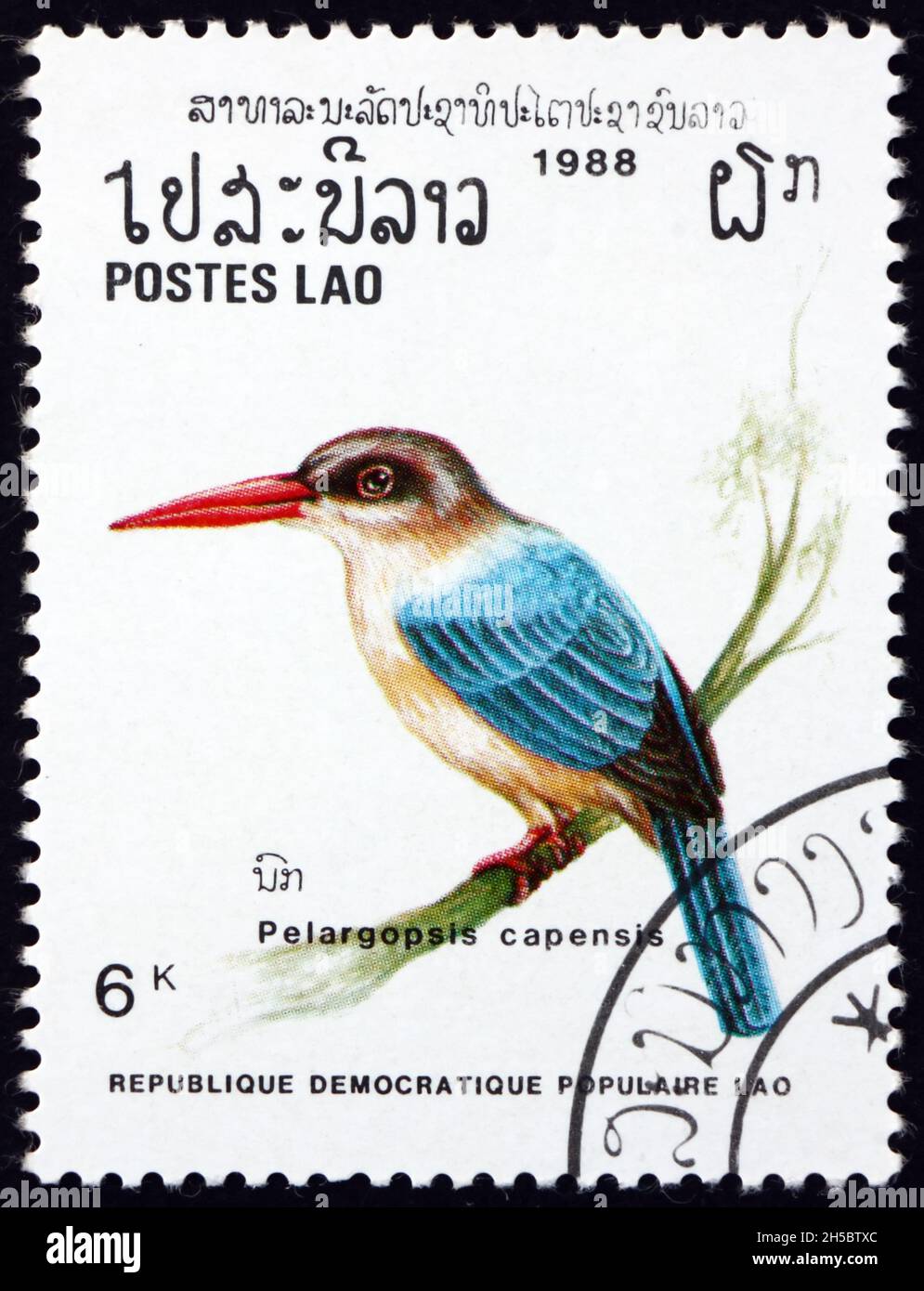 LAOS - UM 1988: Eine in Laos gedruckte Marke zeigt den Storchschnabel-Eisvögel Pelargopsis capensis, der auf dem tropischen indischen Subkontinent und Southea beheimatet ist Stockfoto