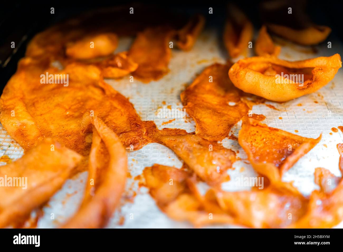 Dehydrierende Plastikplatten mit dehydriertem Gemüse, jungen Kokosnussscheiben für Ruckeys oder Speck oder Pilzscheiben, rohe vegane Lebensmittel Stockfoto