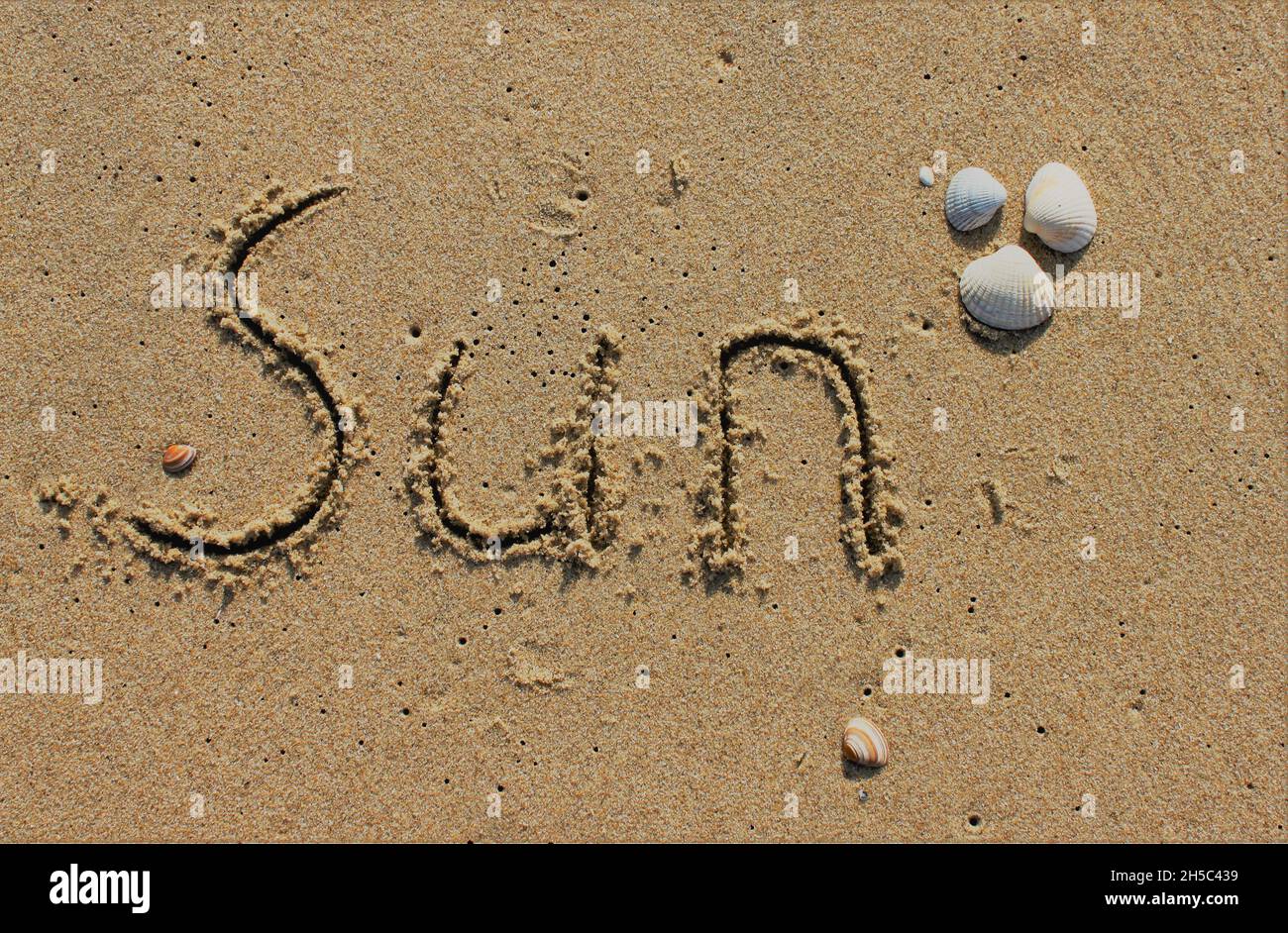 Am Strand ist mit Buchstaben in den glatten Sand die SCHREIBSONNE geschnitzt Stockfoto