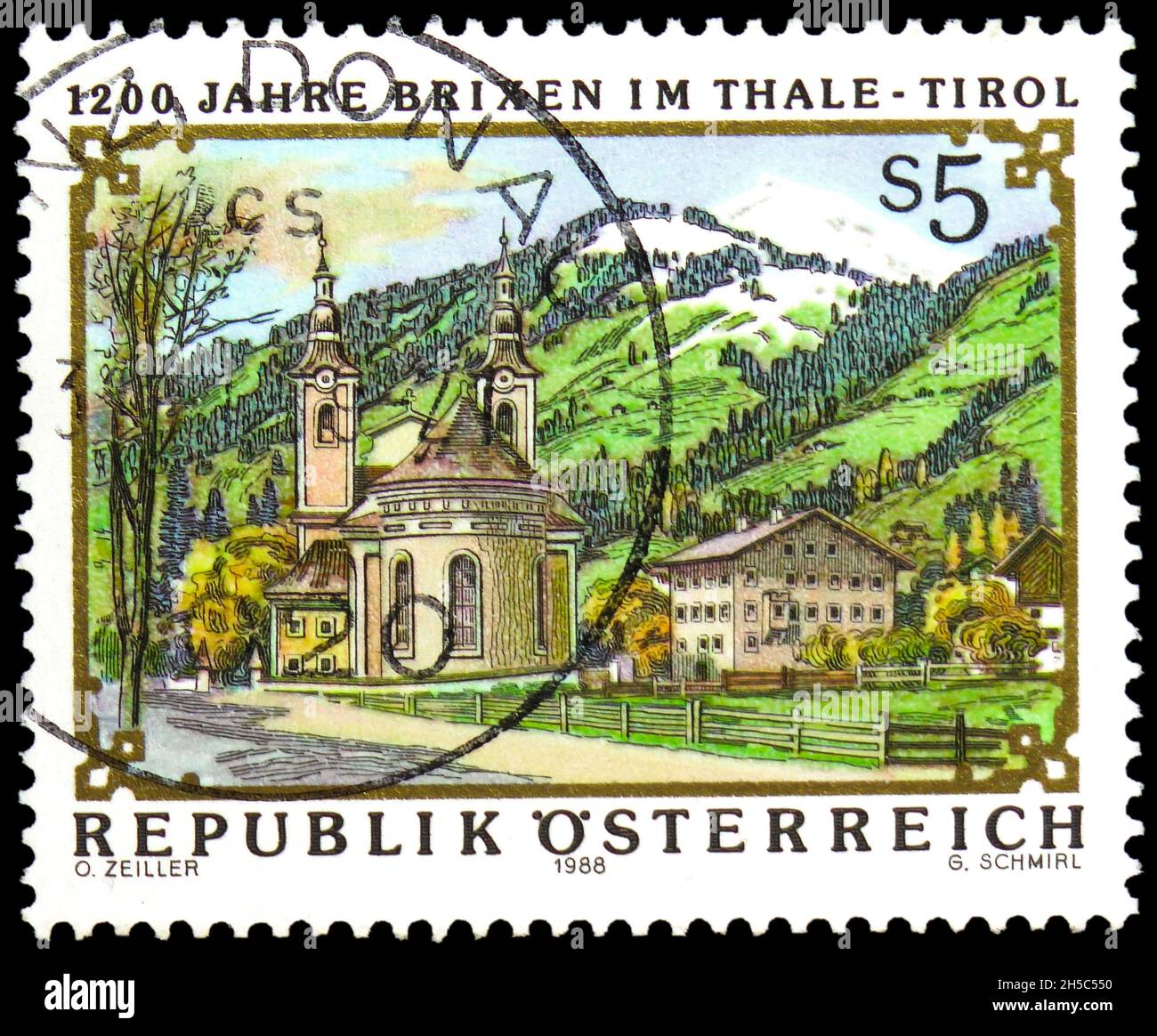 MOSKAU, RUSSLAND - 24. OKTOBER 2021: In Österreich gedruckte Briefmarke zeigt 1200 Jahre Brixen im Thale, Tirol, um 1988 Stockfoto