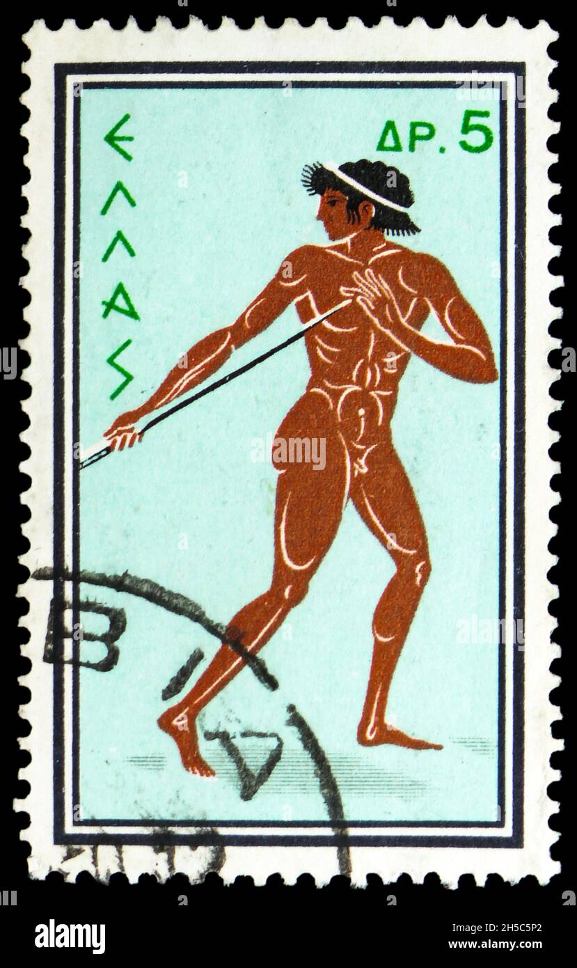 MOSKAU, RUSSLAND - 24. OKTOBER 2021: In Griechenland gedruckte Briefmarke zeigt Rom 1960 - Speerwerfer, Serie der Olympischen Sommerspiele, um 1960 Stockfoto