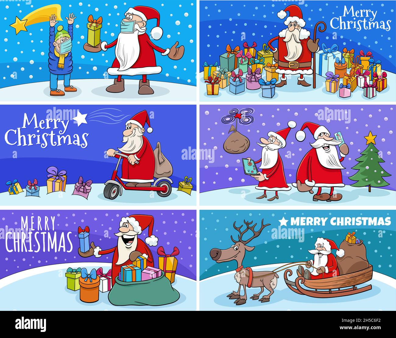 Cartoon-Illustration von Weihnachten Grußkarten mit Weihnachtsmann-Figuren gesetzt Stock Vektor