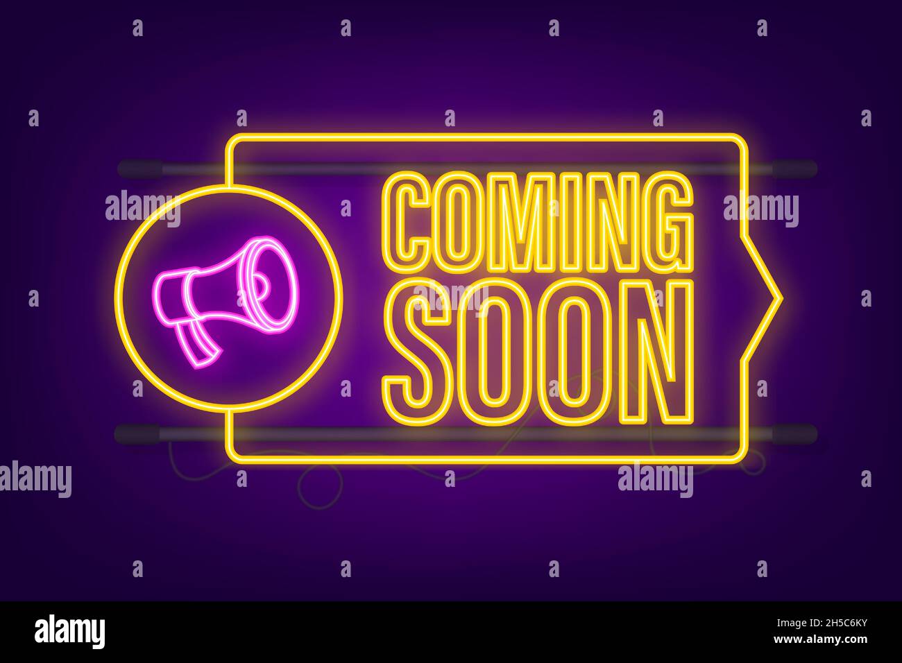 Megaphon Label mit in Kürze. Megaphon-Banner. Neondesign im Web. Vektorgrafik Stock Vektor