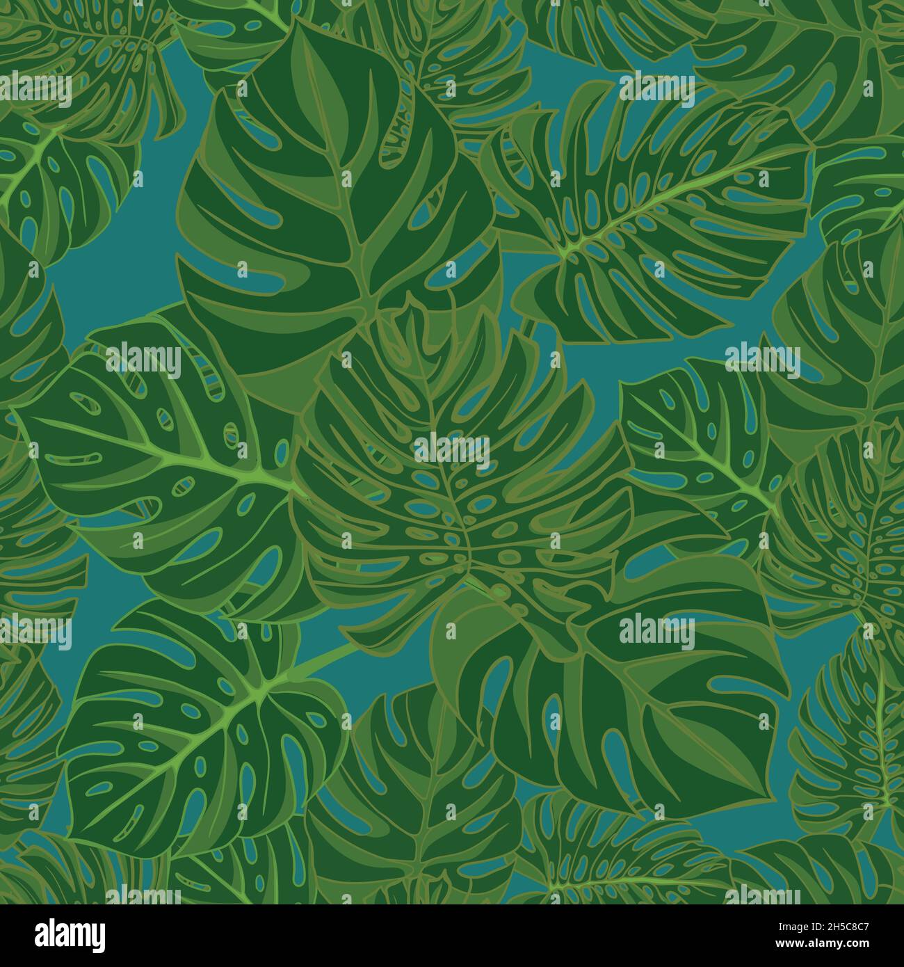 Tropische Monstera Blätter. Realistische Zeichnung im Vintage-Stil. Nahtloser Hintergrund. Stock Vektor