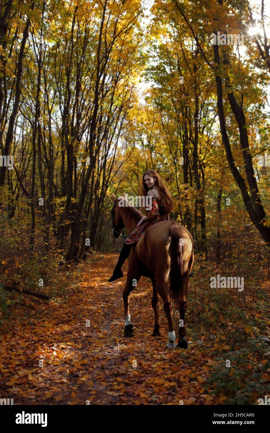 Schöne Cowgirl bareback reiten ihr Pferd im Herbstwald bei Sonnenuntergang Stockfoto