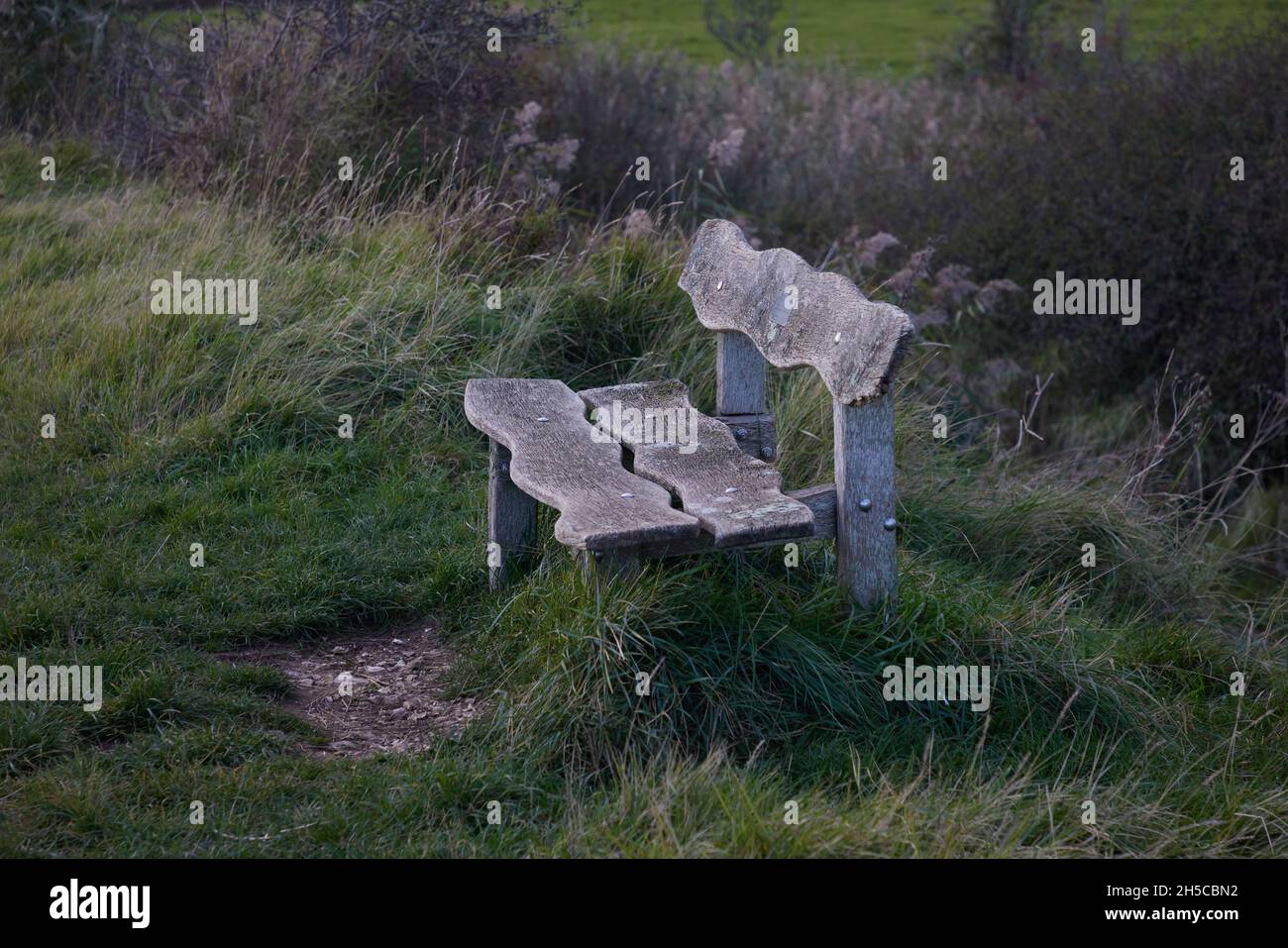 Holzbank im Freien im Pagham Harbour Nature Reserve. Stockfoto