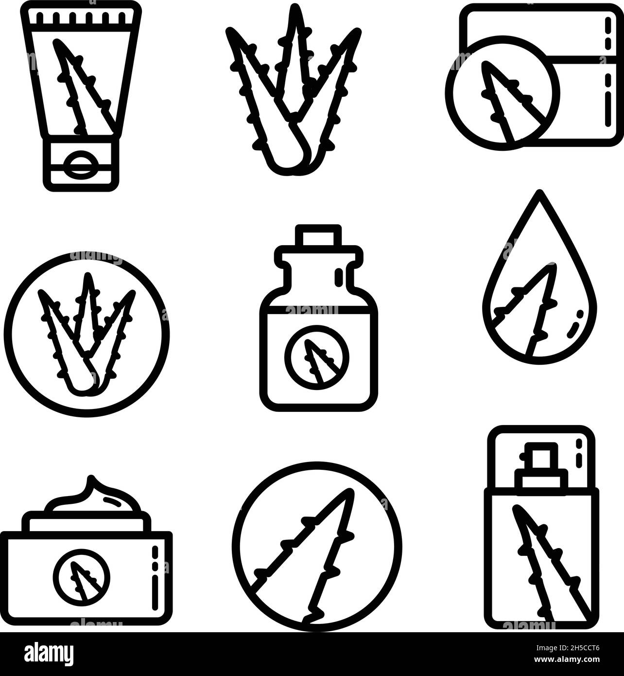Aloe Vera umreißen Symbole gesetzt. Sukulente, tropische Pflanzen Vektor-Illustrationen, dünne Zeichen für Bio-Lebensmittel, Kosmetik. Isoliert auf weißem Hintergrund. Stock Vektor