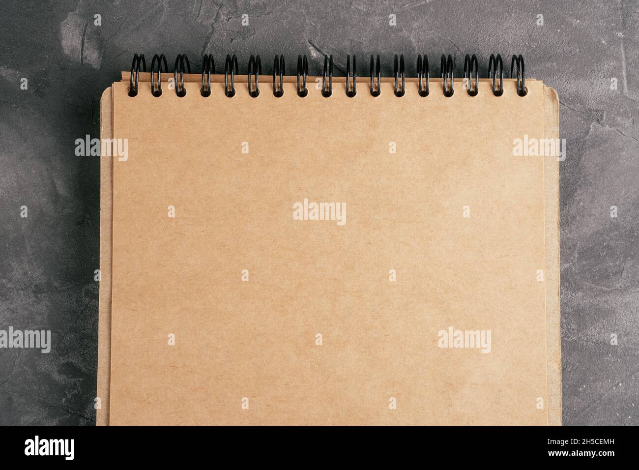 Geöffnetes braunes Kraftpapier-Notizbuch auf Feder auf grauer Betonoberfläche. Draufsicht. Speicherplatz kopieren Stockfoto