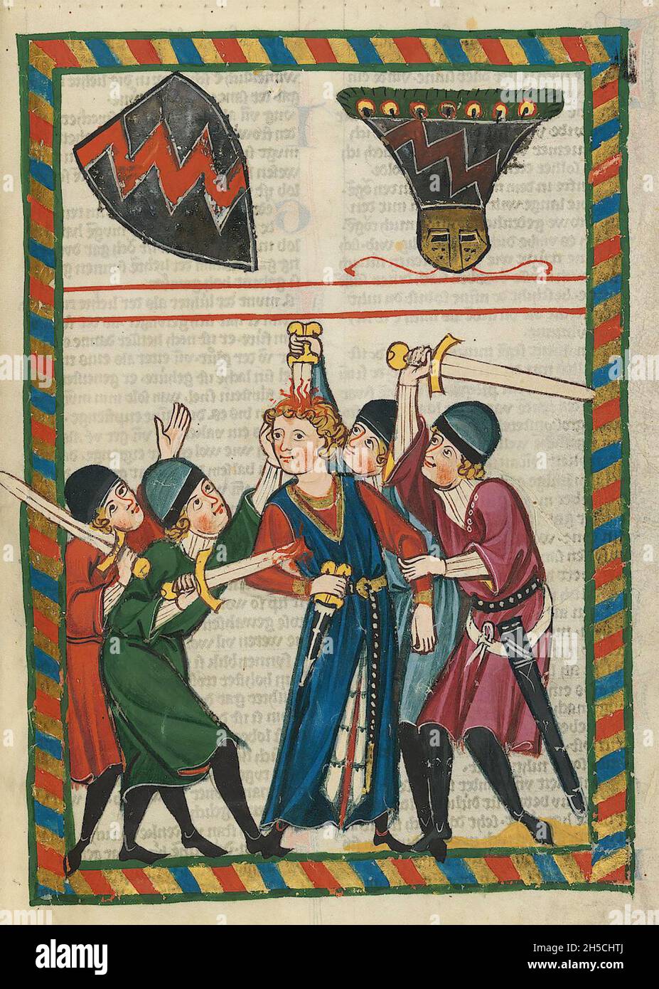 CODEX MANESSE eine deutsche Handschrift aus dem frühen bis mittleren 14. Jahrhundert, die Lieder enthält und das mittelalterliche Leben illustriert. Ein Attentat, Stockfoto