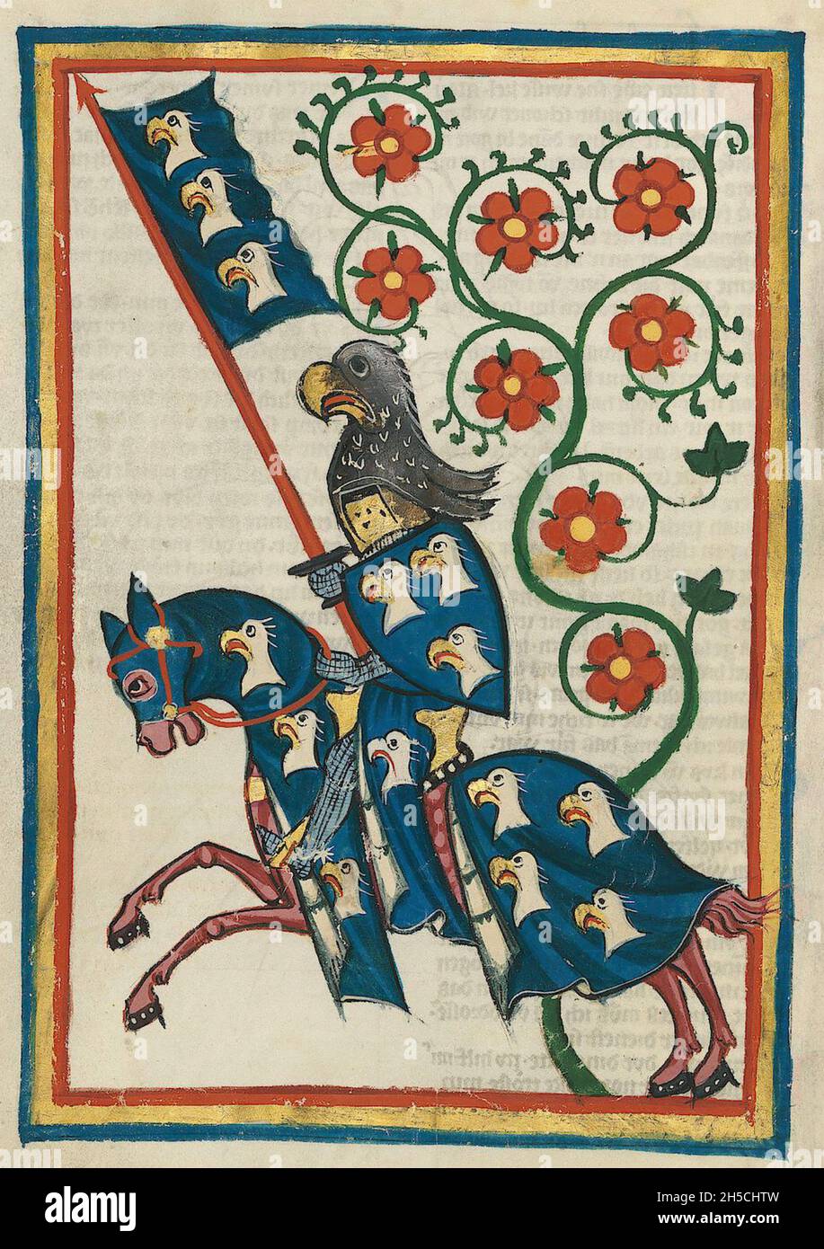 CODEX MANESSE eine deutsche Handschrift aus dem frühen bis mittleren 14. Jahrhundert, die Lieder enthält und das mittelalterliche Leben illustriert. Ein Ritter zeigt seinen Standard. Stockfoto