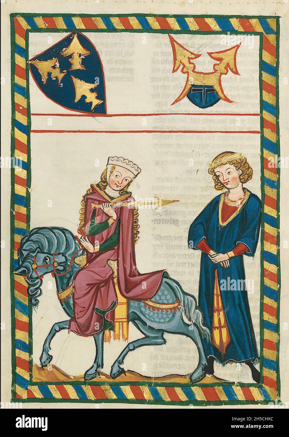 CODEX MANESSE eine deutsche Handschrift aus dem frühen bis mittleren 14. Jahrhundert, die Lieder enthält und das mittelalterliche Leben illustriert. Eine Dame schickt Amors Pfeil, um ihre Zuneigung zu zeigen, Stockfoto