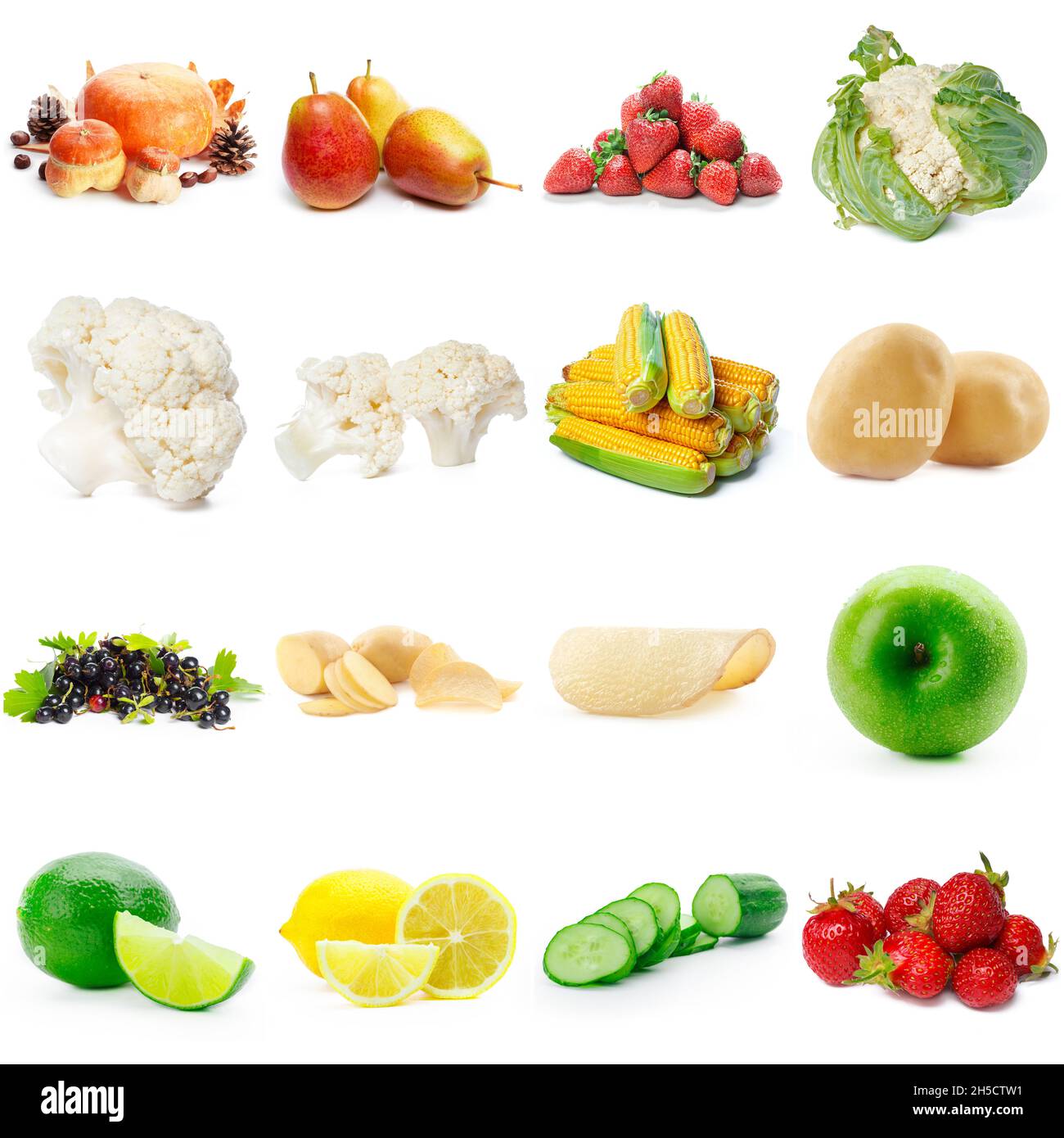 Collage setzen Desserts und Snacks auf weißem Hintergrund Stockfoto