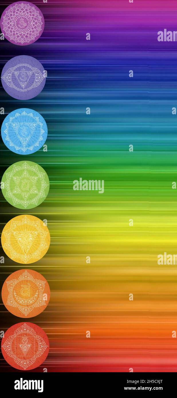 Satz von Chakren Symbol isoliert auf Regenbogenfarben Hintergrund Stockfoto