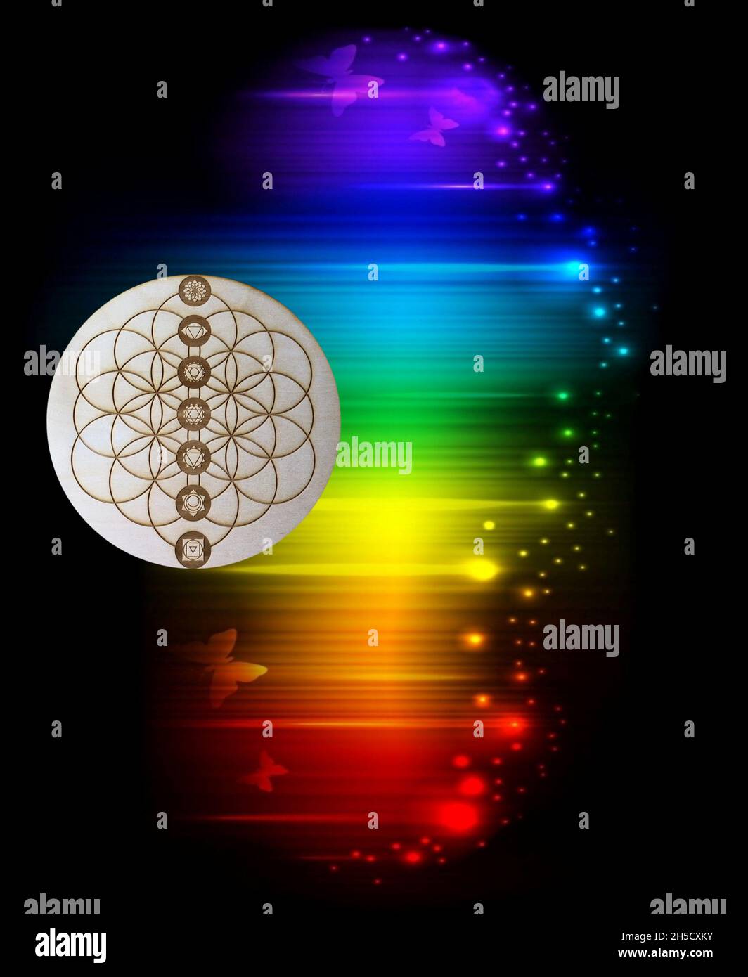 Satz von Chakren Symbol isoliert auf Regenbogenfarben Hintergrund Stockfoto
