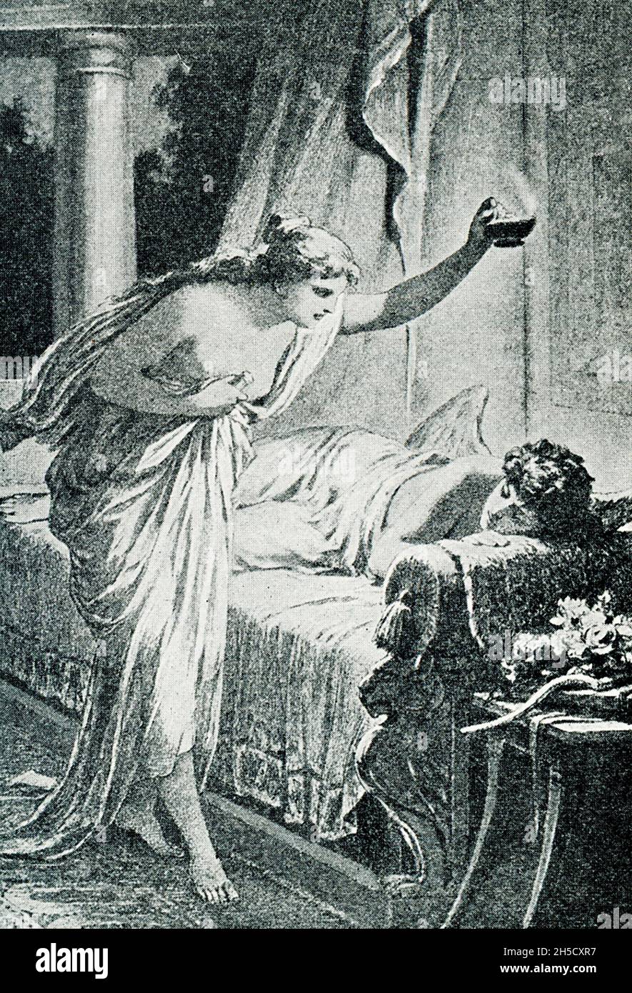 Nach der griechischen und römischen Mythologie war Amor (Eros an die Griechen) der gott der Liebe. Seine Mutter, Venus (Aphrodite), war eifersüchtig auf Psyche, eine sterbliche Prinzessin, und schickte Amor, um sie mit einem Liebespfeil zu erschießen, der sie in eine schreckliche Kreatur verlieben würde. Durch Zufall stank Amor sich selbst, wie er es tat, und kehrte den Effekt auf Psyche um. Venus versuchte erfolglos, die beiden auseinander zu halten. Schließlich durften Amor und Pysche heiraten, und Psyche erhielt die Unsterblichkeit. Hier schaut Pysche Cuopid schlafend an – der Mythos besagt, dass ein Tropfen des heißen Wachses aus der Kerze auf Amor gefallen ist, ihn geweckt hat, ein Stockfoto Nach der griechischen und römischen Mythologie war Amor (Eros an die Griechen) der gott der Liebe. Seine Mutter, Venus (Aphrodite), war eifersüchtig auf Psyche, eine sterbliche Prinzessin, und schickte Amor, um sie mit einem Liebespfeil zu erschießen, der sie in eine schreckliche Kreatur verlieben würde. Durch Zufall stank Amor sich selbst, wie er es tat, und kehrte den Effekt auf Psyche um. Venus versuchte erfolglos, die beiden auseinander zu halten. Schließlich durften Amor und Pysche heiraten, und Psyche erhielt die Unsterblichkeit. Hier schaut Pysche Cuopid schlafend an – der Mythos besagt, dass ein Tropfen des heißen Wachses aus der Kerze auf Amor gefallen ist, ihn geweckt hat, ein Stockfoto