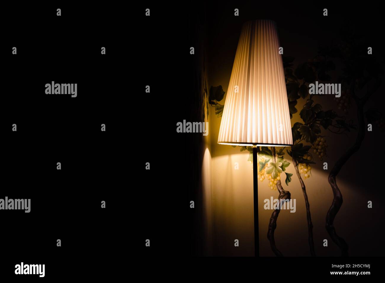 Eine elegante, niedrige Wattleistung schafft eine Atmosphäre der Abgeschiedenheit und Nostalgie in einem abgedunkelten Raum. Stockfoto