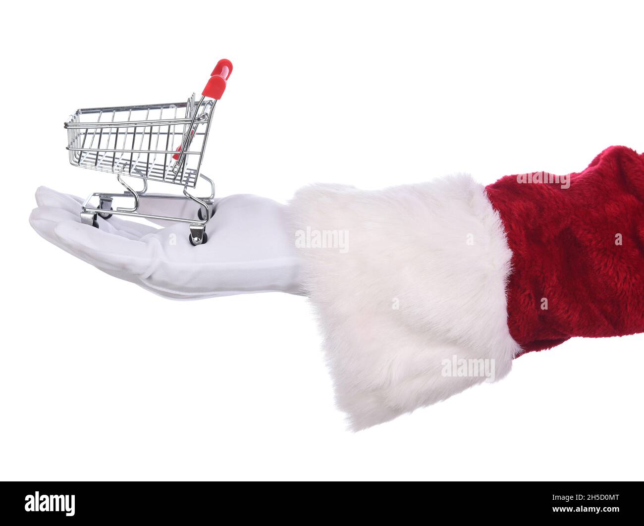 Nahaufnahme des Weihnachtsmannes, der einen leeren Warenkorb in der Hand hält. Online-Shopping-Konzept für den Urlaub. Nur Hand und Ärmel. Stockfoto