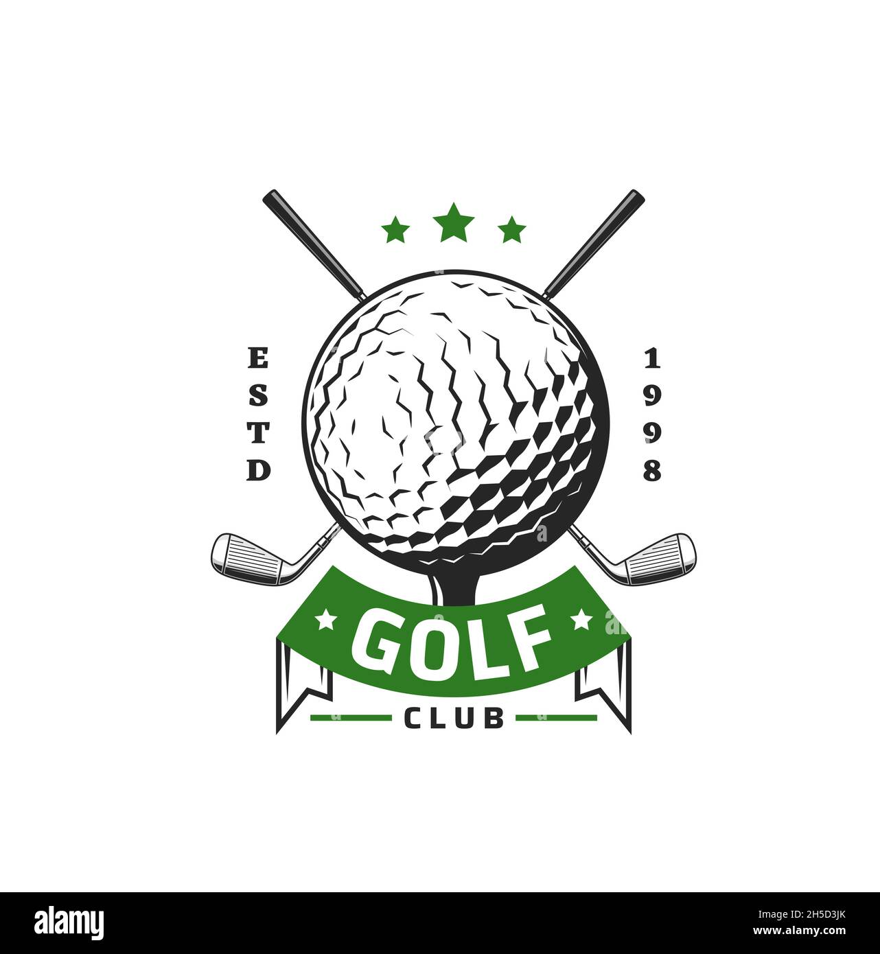 Golfsport-Ikone, Symbol der Golfclub-Meisterschaft, Sport und Erholung. Golf Club Turnier Cup oder Team Vektor Emblem mit Golfball und gekreuzten stic Stock Vektor