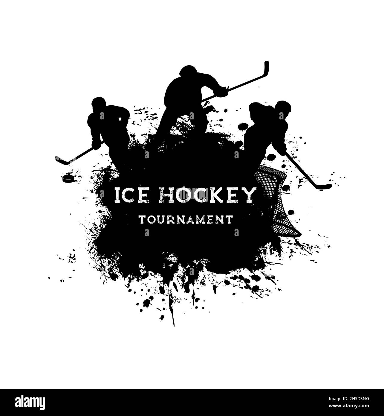 Eishockey Sport Grunge Poster mit Eishockey-Spieler Vektor schwarzen Silhouetten. Eishockeyspieler auf der Eisbahn mit Stöcken, Pucks, einheitlichen Helmen Stock Vektor