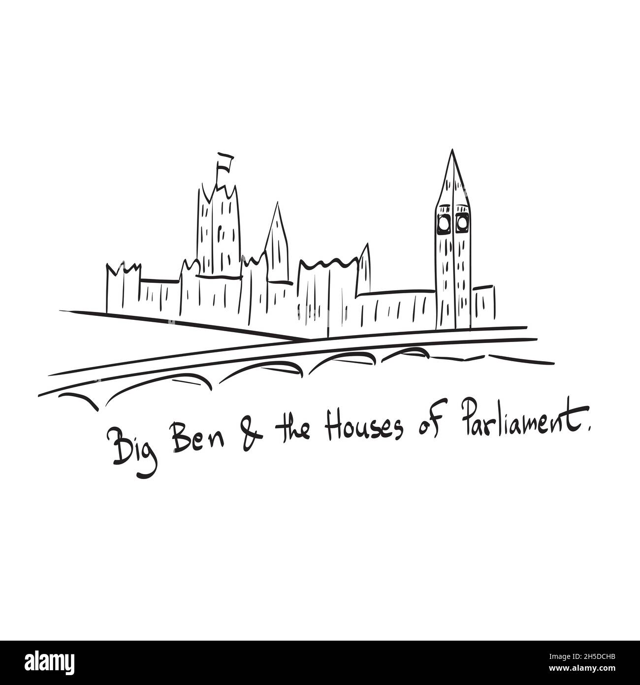 Big Ben und die Houses of Parliament mit Brücke und Themse River Illustration Vektor isoliert auf weißem Hintergrund Linie Kunst Stock Vektor