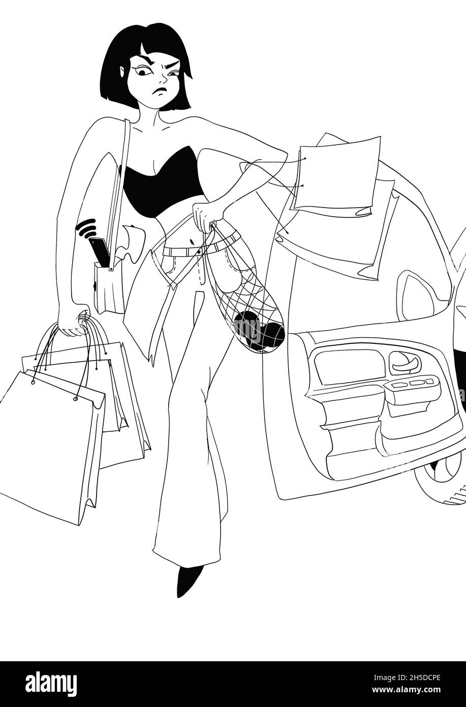 Junge Frau mit Einkaufstaschen und Taschen nach dem Einkaufen steigt aus dem Auto. Plötzlicher unbequemer Anruf. Lustige Lifestyle-Situation. Konturillust Stockfoto