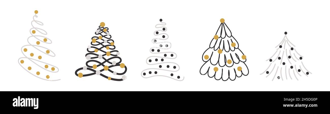 Sammlung von Weihnachtsbäumen für Dekorationen, Weihnachtsgeschenke, Winter gestrickte Wollkleidung, Muster. Weihnachtsbäume Symbol auf weißem Hintergrund isoliert gesetzt Stock Vektor