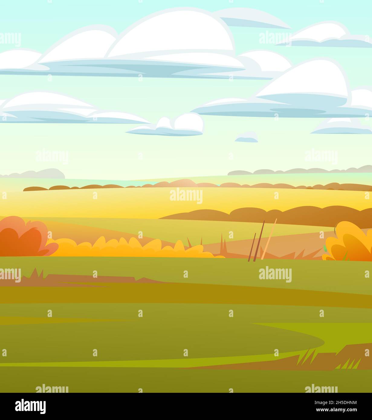 Schöne ländliche Herbstlandschaft. Rustikale Tierwelt. Dorf ist Weide und Gemüsegarten. Bereich ist im Vordergrund Lichtung. Erntezeit des Jahres. Gelb Stock Vektor
