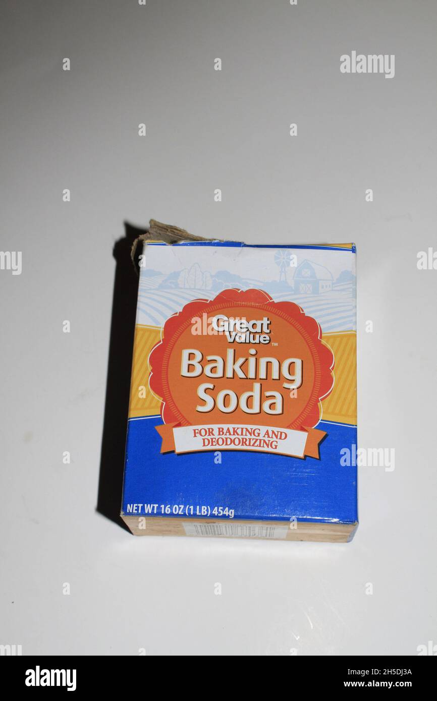 Günstige Baking Soda Schuss Nahaufnahme mit weißem Hintergrund in Kansas Stockfoto