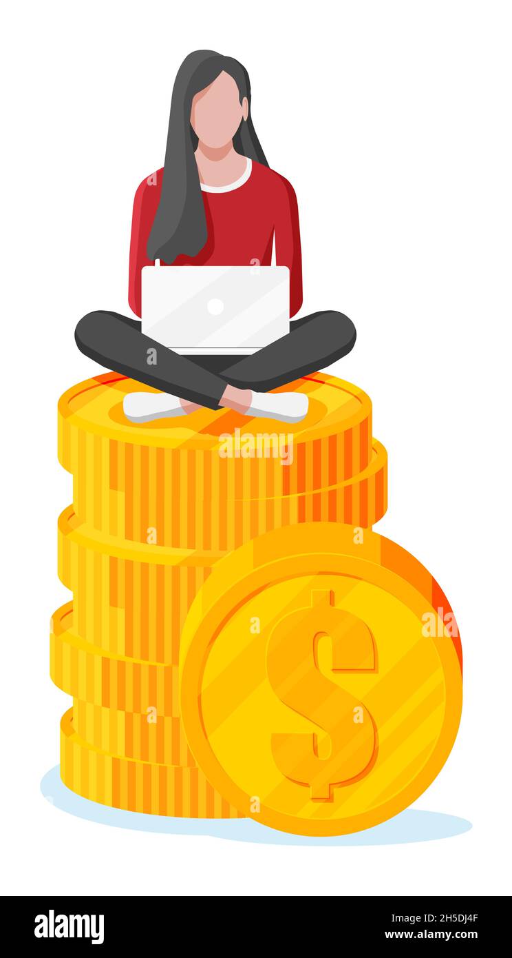Frau sitzen auf Golden Coins Stack und verwenden Laptop. Stock Vektor