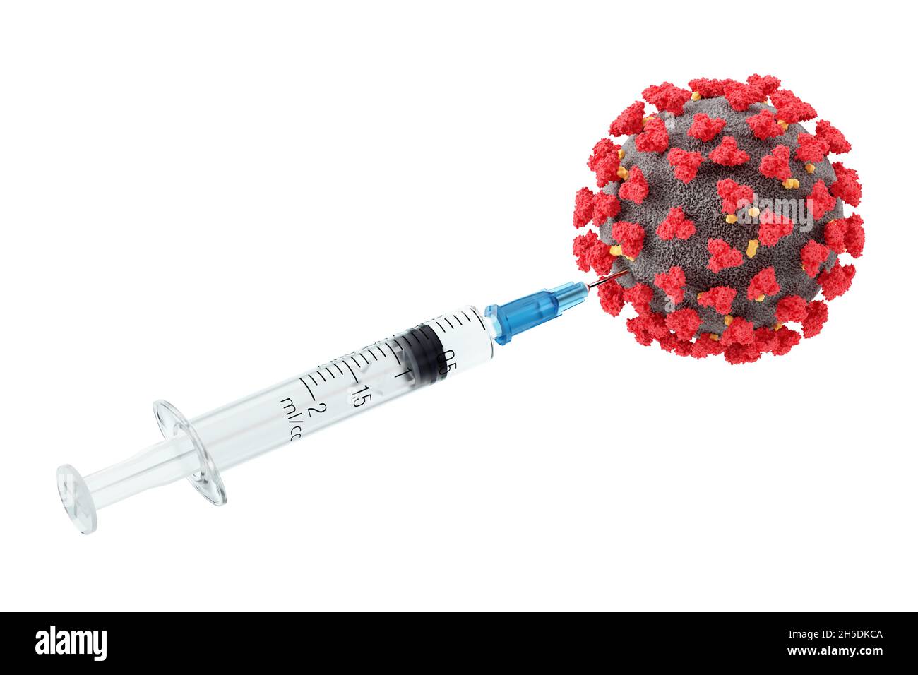 Visualisierung der Impfung gegen das COVID-19-Virus. Injektion des Coronovirus-Impfstoffs. Spritze mit dem Medikament. Isoliert auf weißem Hintergrund. 3d-Renderin Stockfoto