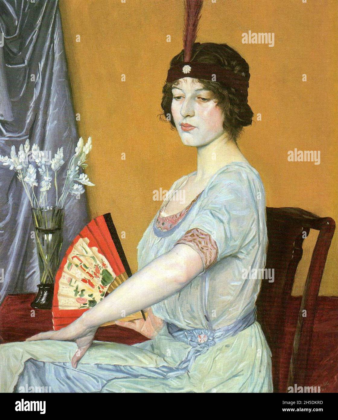 William Strang Kunstwerk mit dem Titel The Japanese Fan - Eine Frau sitzt allein und hält einen japanischen Fan. Stockfoto