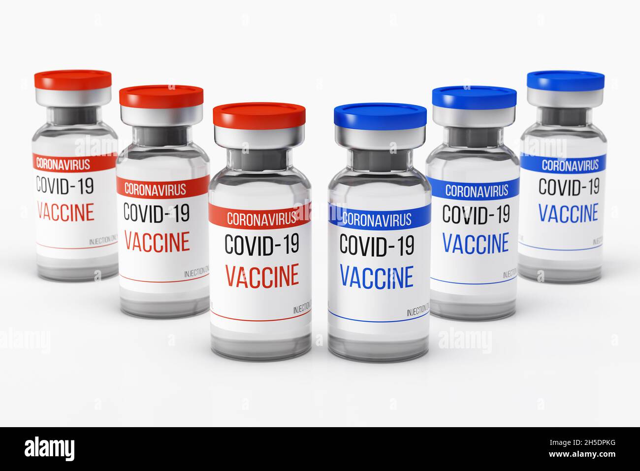 Sechs Fläschchen mit Coronavirus-Impfstoff. Glasflaschen mit roten und blauen Verschlüssen. Zweistufige Injektion gegen das COVID-19-Virus. 3D-Rendering Stockfoto