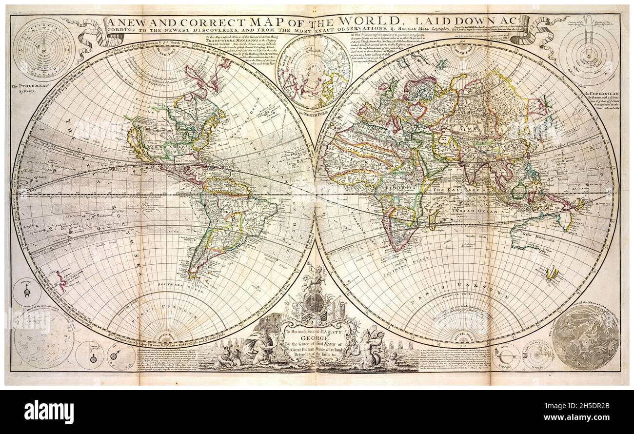 Historische Weltkarte aus dem 18. Jahrhundert von Herman Moll, um 1736 Stockfoto