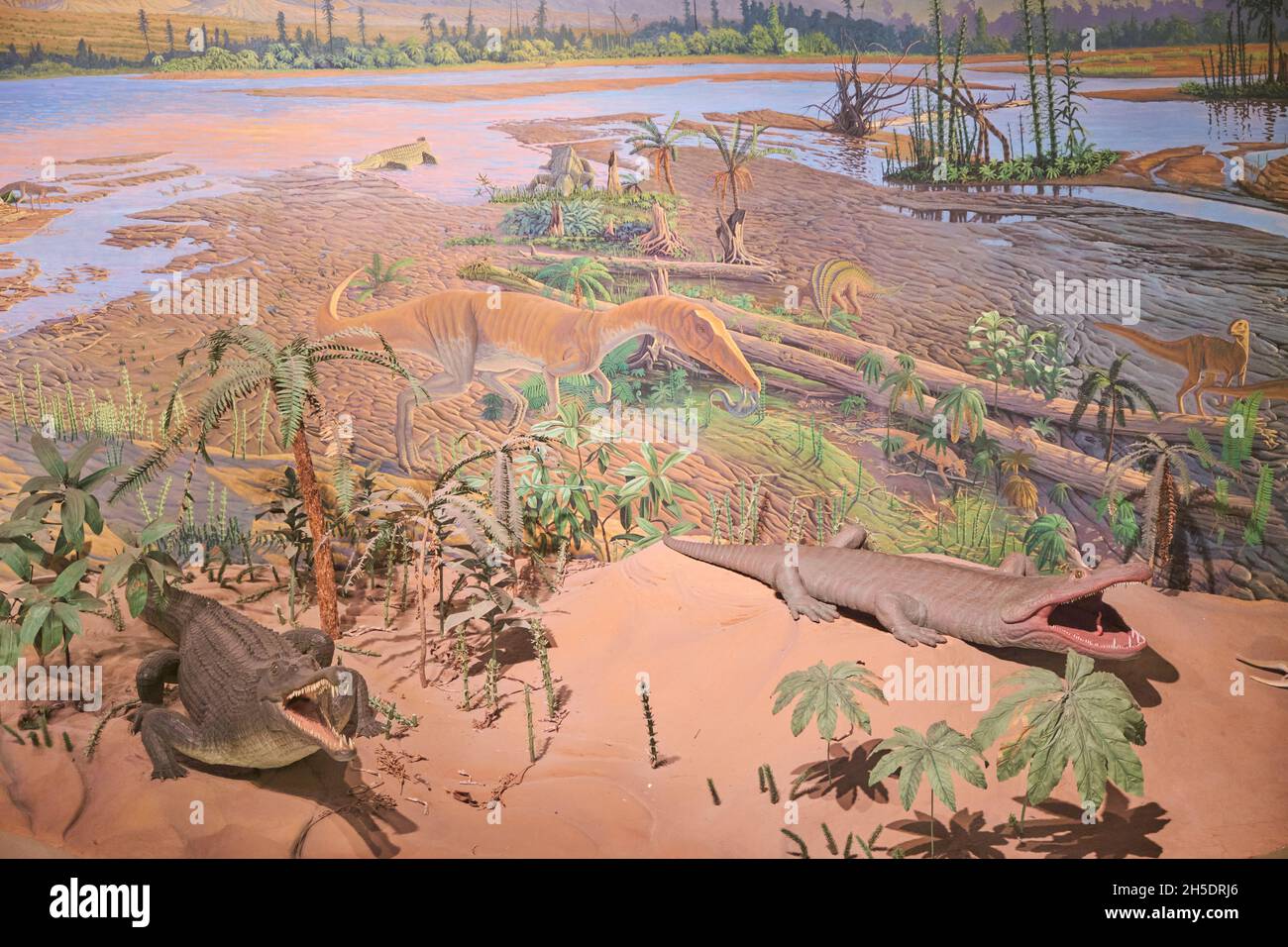 Ein Wandbild aus der Trias-Ära, Diorama mit Phytosaurs-Modellen. Im Dinosaur State Park in der Nähe von Hartford, Connecticut. Stockfoto