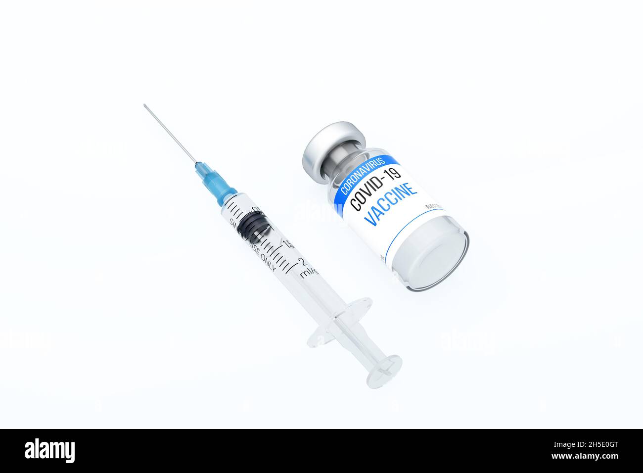 Eine Flasche Coronavirus-Impfstoff. Ampulle und Spritze mit Medikamenten gefüllt. Injektion gegen das COVID-19-Virus. Speicherplatz kopieren. 3D-Rendering Stockfoto