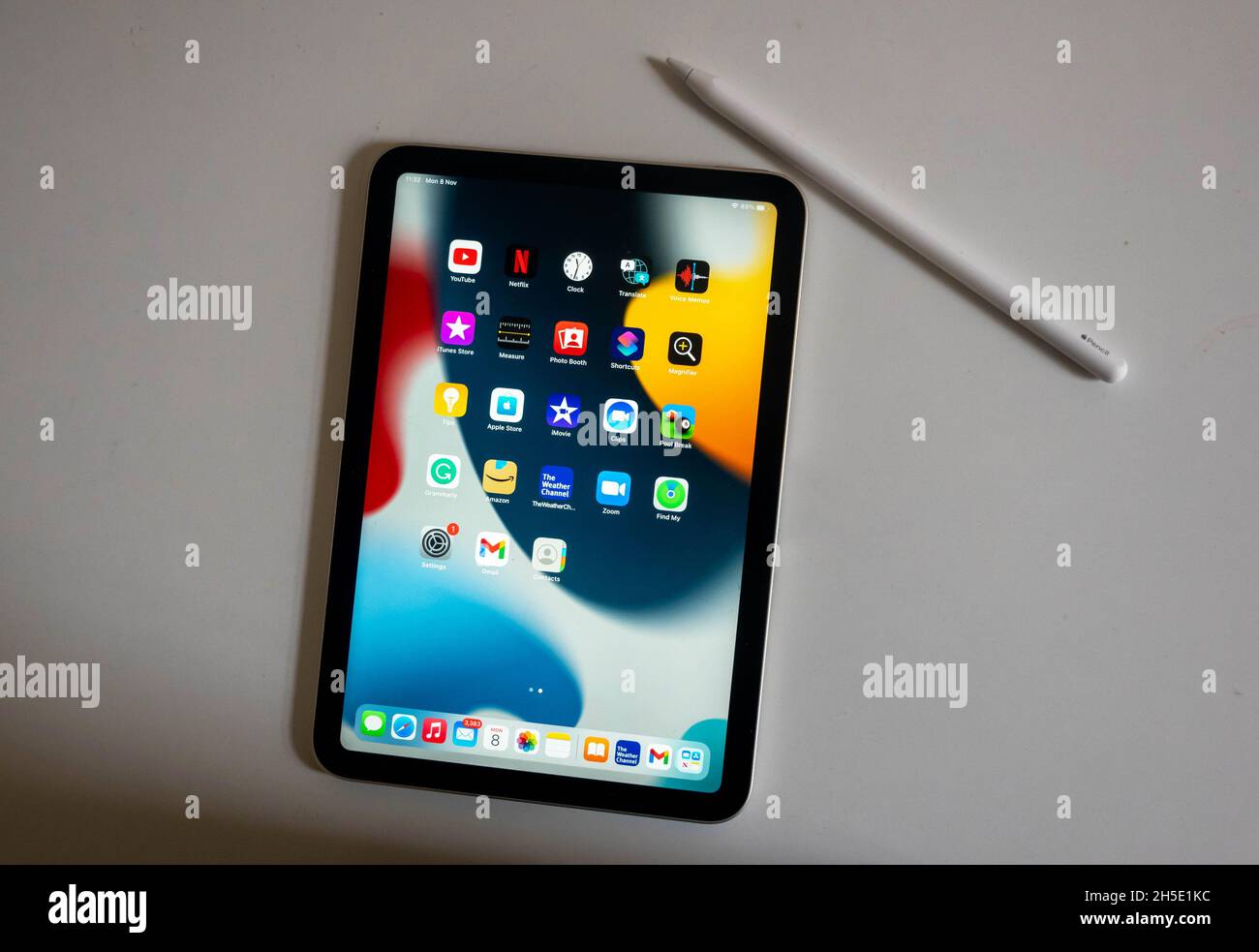 Apple iPad mini 2021 mit Apple Pencil 2. Generation -- eingeschaltet mit Display-Anzeige Stockfoto