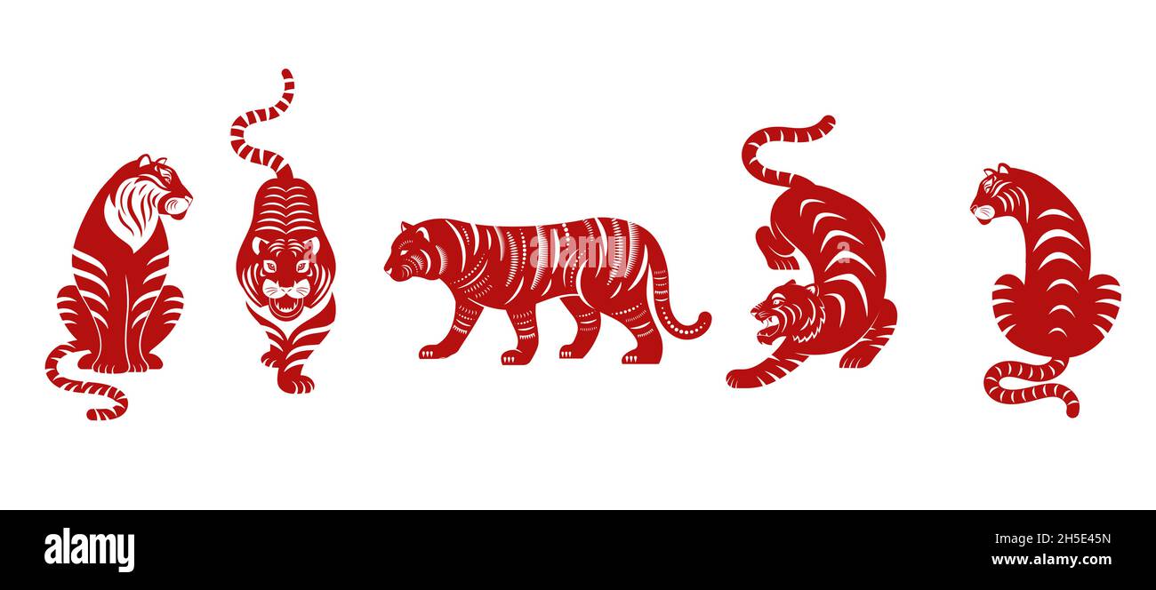 Chinesisches Neujahr 2022 Jahr des Tigers - Sammlung von roten traditionellen chinesischen Tierkreis Symbol, Illustrationen, Kunst Elemente. , Lunar Neujahr Konzept Stock Vektor