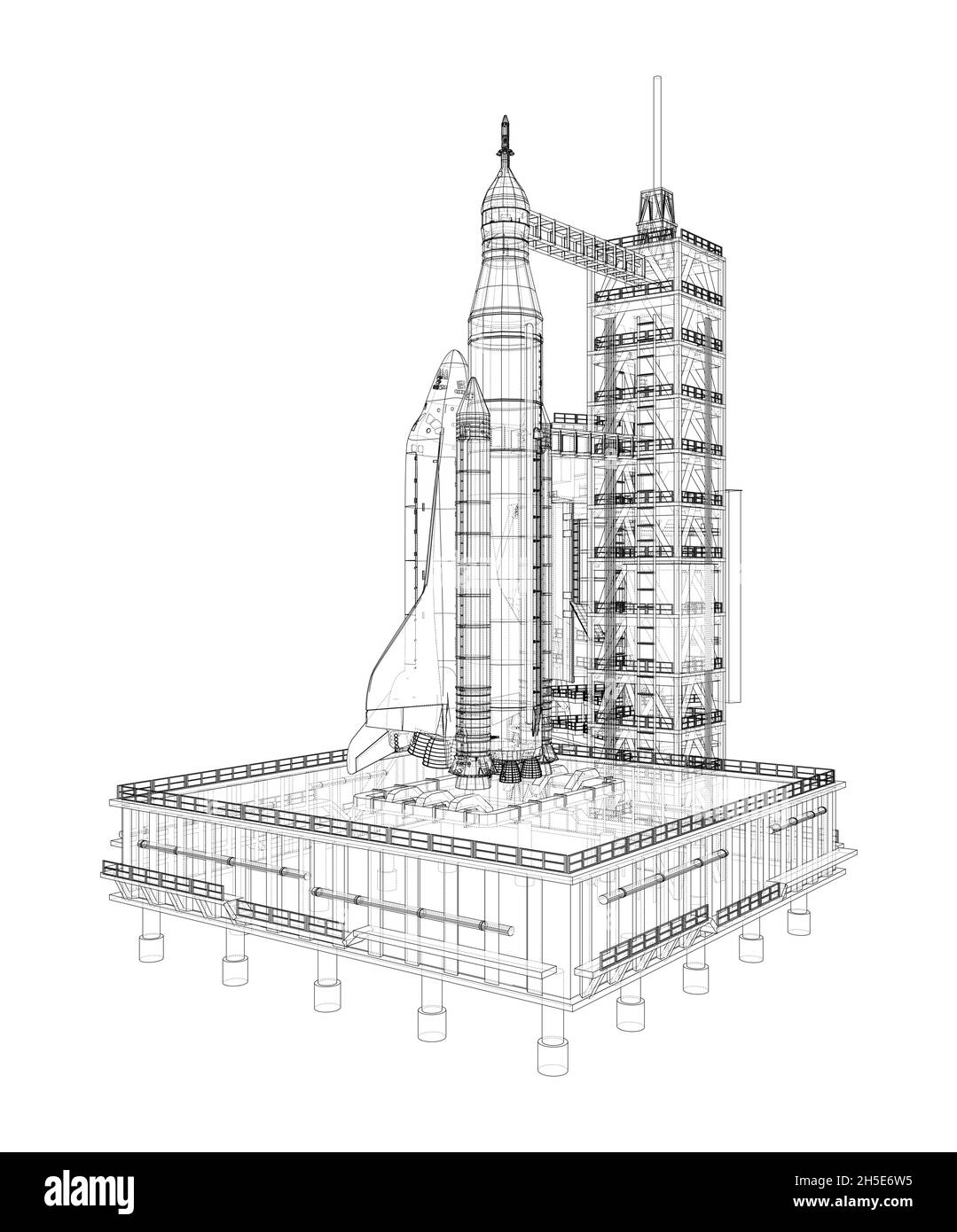 Space Rocket auf der Startrampe. Vektor Stock Vektor