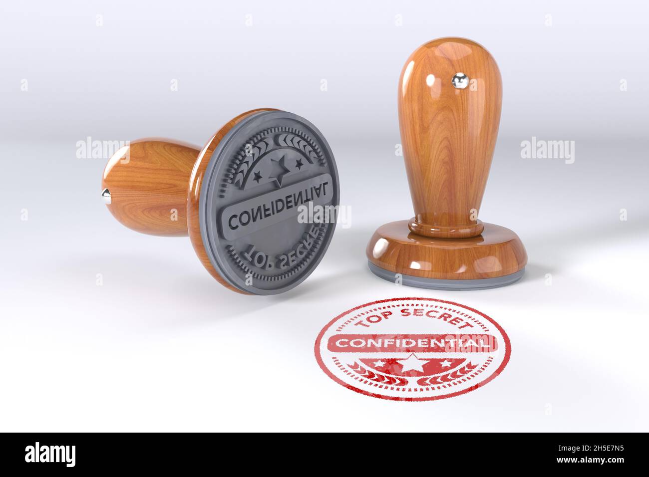 Vertraulicher Stempel. Runder Holzstamper und Stempel mit Text zertifiziert auf weißem Hintergrund. 3d-Illustration. Gummistempel. Stockfoto