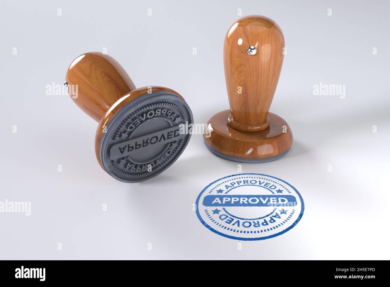 Genehmigter Stempel. Runder Holzstamper und Stempel mit Text zertifiziert auf weißem Hintergrund. 3d-Illustration. Gummistempel. Stockfoto
