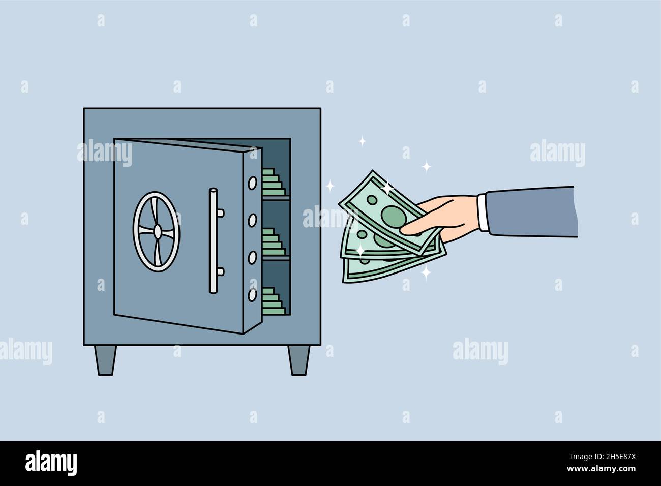 Mann steckte Geld in den Keller machen Investitionen für die Zukunft. Männliche Anleger sparen Geld in einem geschützten Tresorfach. Sparen und Banking. Finanzstabilitätskonzept. Kredit und Kaution. Vektorgrafik. Stock Vektor