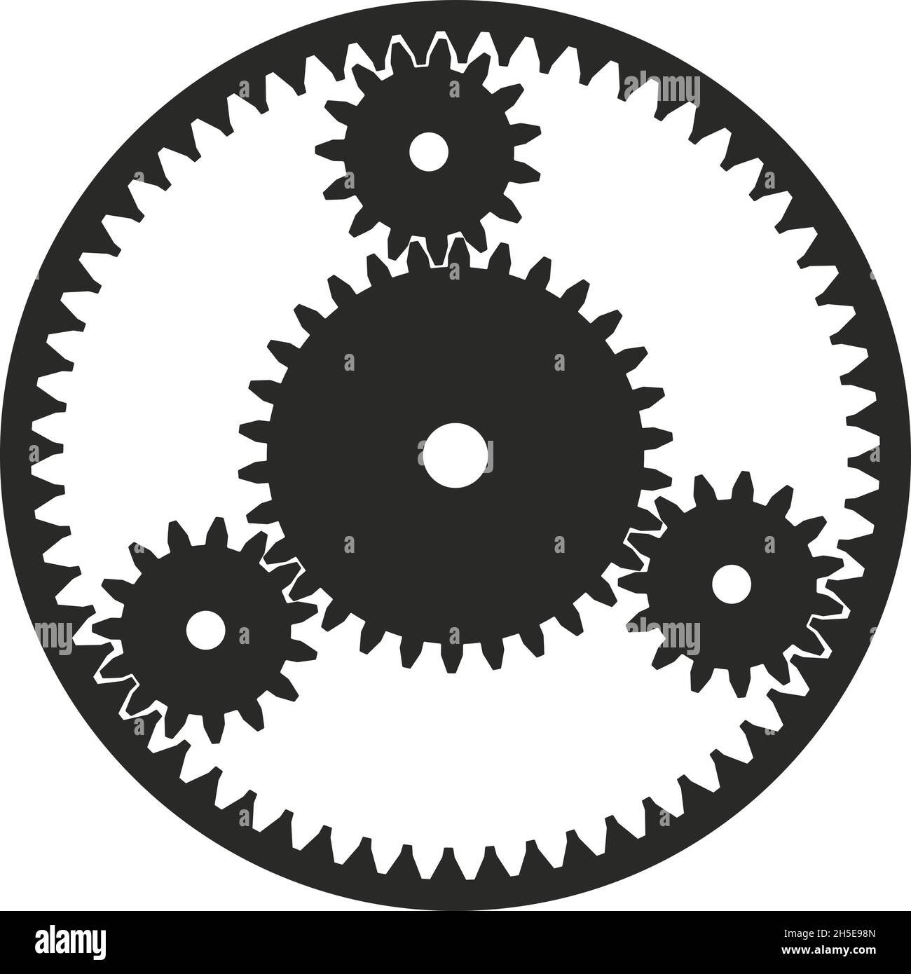 Planetengetriebe in Arbeit oder Zahnradsymbol auf isoliertem weißem Hintergrund. Planetenantrieb. Gezahnte schwarze Räder in Zusammenarbeit. Stock Vektor